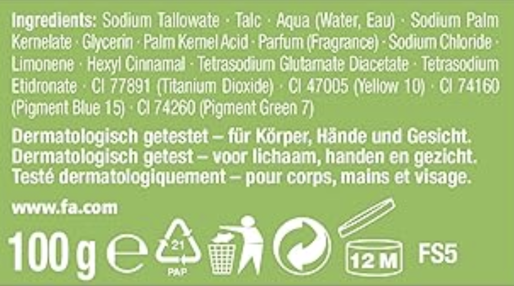 Die Zutatenliste der letzten «Fa»-Seife